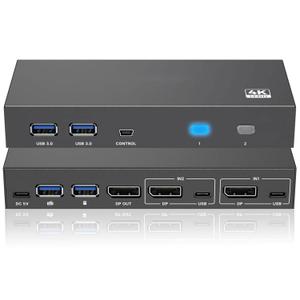 DisplayPort USB 3.0 KVM Switch 1 Monitor 2 Computers 8K@60Hz 4K@144Hz KVM Switcher 2 in 1 Out with 4 USB-A, 2 USB-C, Wired Controller for Laptop, Desktop