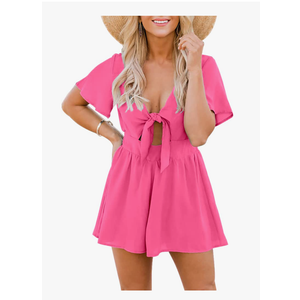 Aoysky Womens Summer Short Rompers Sexy Cute Loose Tie Front Jumpsuit Casual V Neck Wide Leg Beach Overalls, Size M