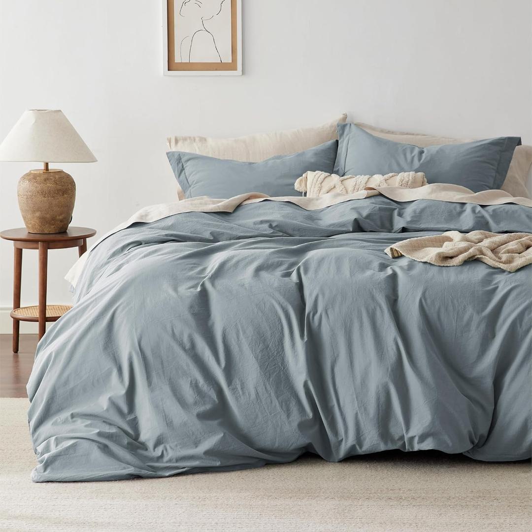 Bedsure 100% Washed Cotton Duvet Cover Queen Size - Dusty Blue Minimalist Cotton Bedding Linen Like for All Seasons - GentleSoft Plain Simple Duvet Cover, 3 Pieces (Dusty Blue, Queen, 90"x90")