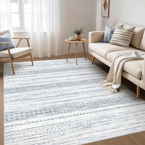 Nakagishi 5x7 Area Rugs Living Room: Washable Boho Large Neutral Soft Farmhouse Rug Stain Resistant Modern Indoor Floor Non-Slip Carpet for Bedroom Nursery Kids Playroom Office Dining Dorm-White Blue