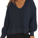 Dokotoo Womens Spring Outfits V Neck Waffle Knit Tops Cropped Sweaters Long Sleeve Pullover Crop Top (Small, Blue)