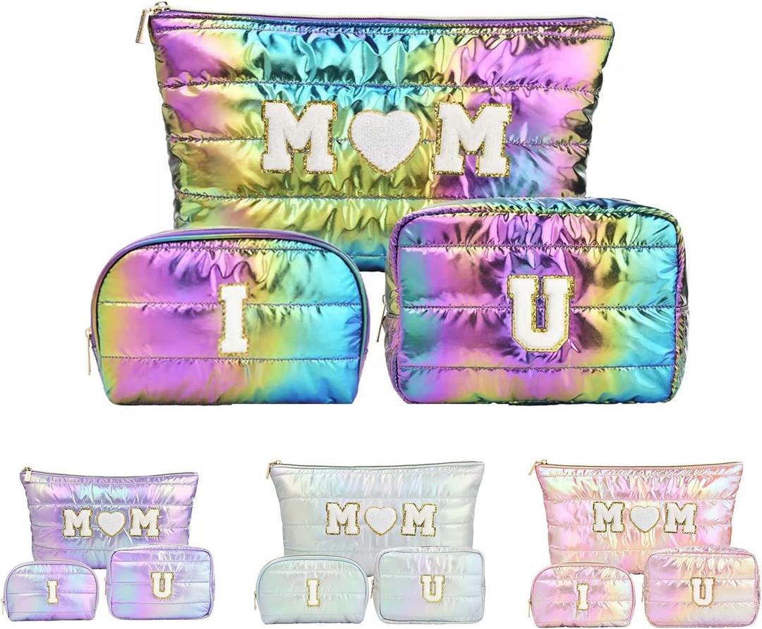 Hiroyuki 3pcs Iridescent Quilted Makeup Bag (ILOVEUMOM, Rainbow)