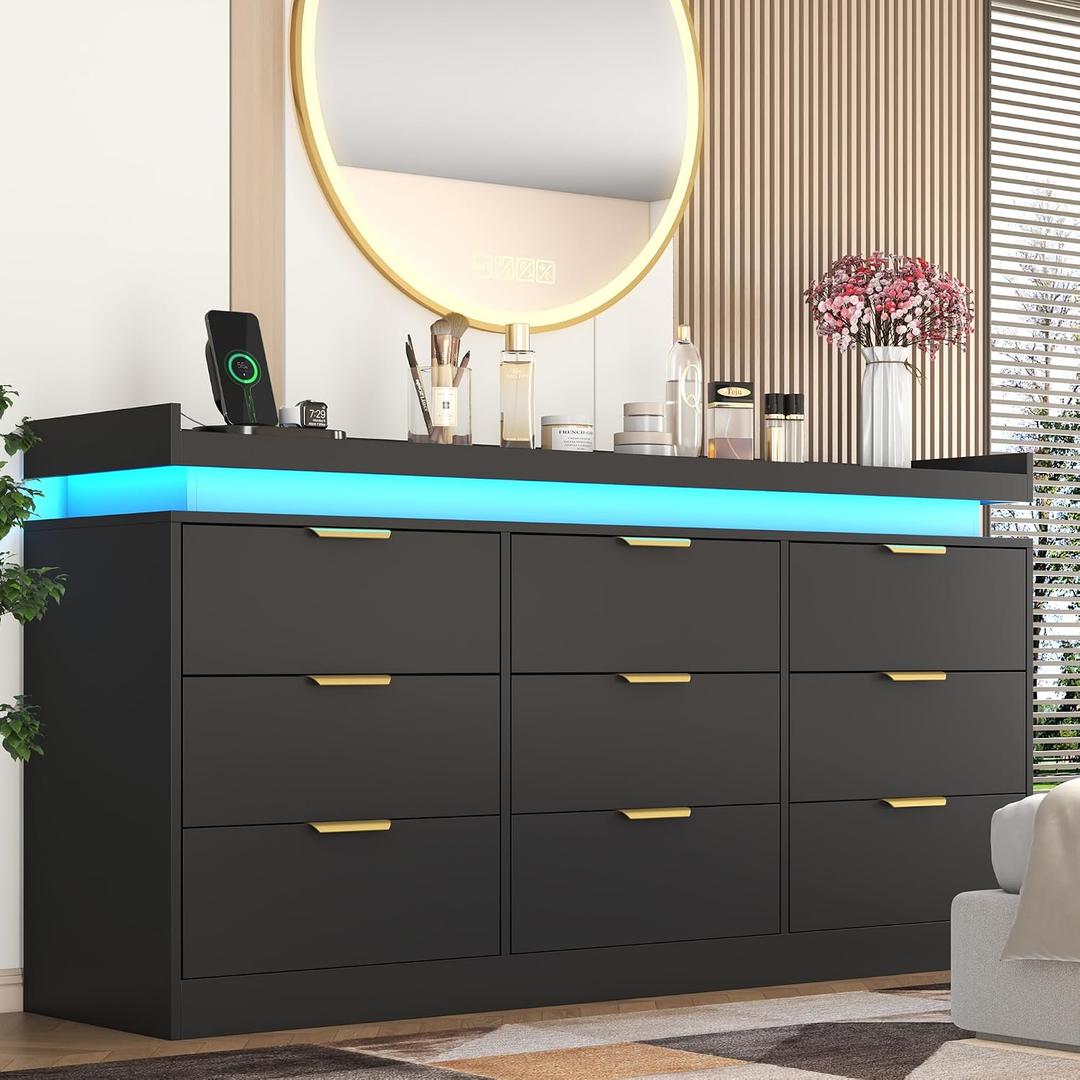 9 Drawer Dresser for Bedroom, Black Dresser with LED Lights and Power Outlet, Large Wooden Dressers Modern Chest of Drawers, Triple Wide Drawer Organizer Cabinet for Bedroom, Entryway, Hallway