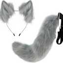Merkaunis 2 Pcs Grey Cat Fox Wolf Ears and Tail Set, Wolf Ears and Tail Set, Fox Furry Costume, Cat Ears and Tail for Costume, Halloween, Masquerade Prop, Christmas (Grey)