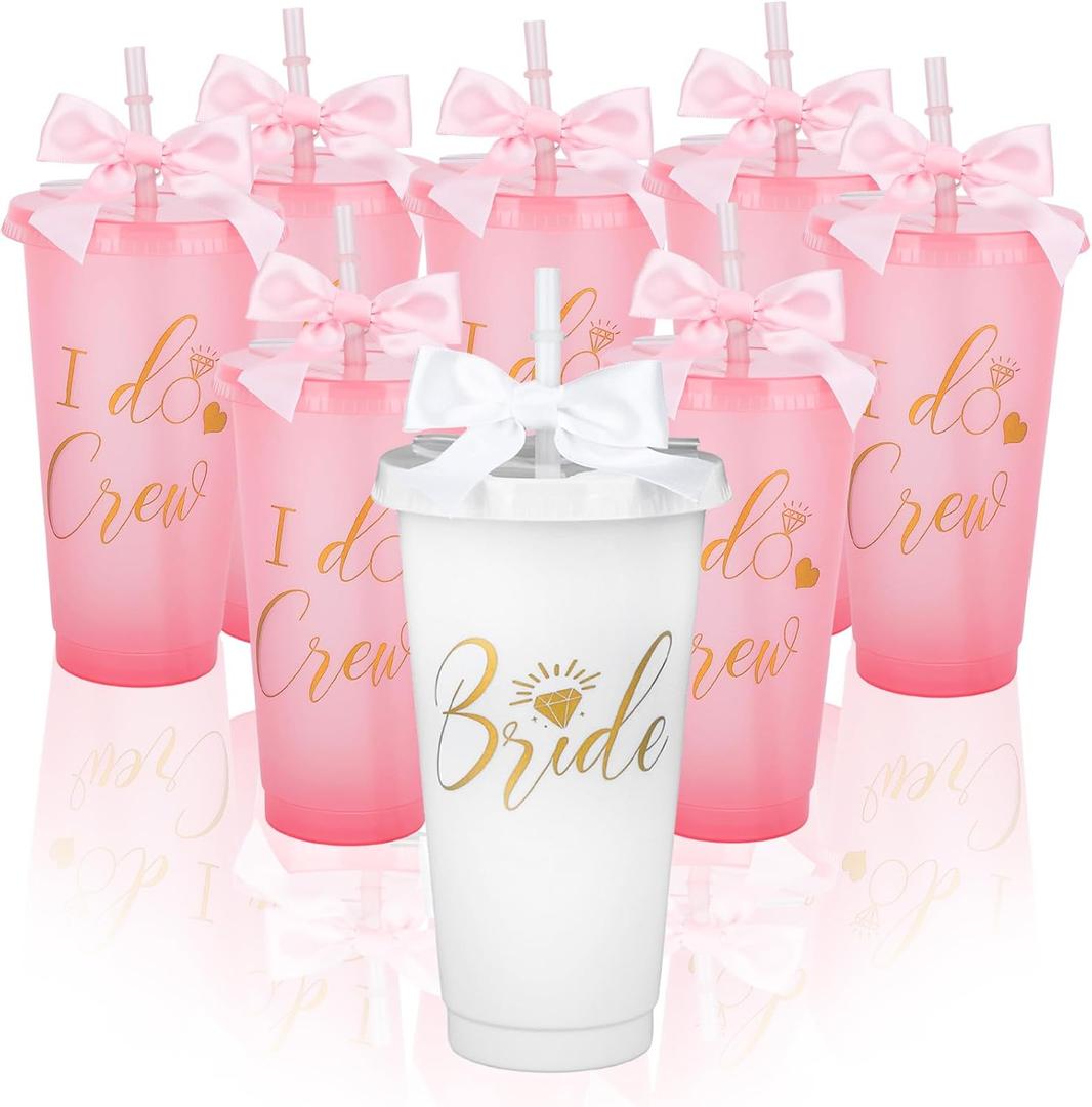 8 Pcs Bridesmaid Cups with Lids and StrawsWedding Tumbler Bridesmaid Gifts, Bride Cup Bachelorette Party Accessories, Plastic Travel Mug for Bridal Party Gifts Bachelorette Party Favors(Pink White)