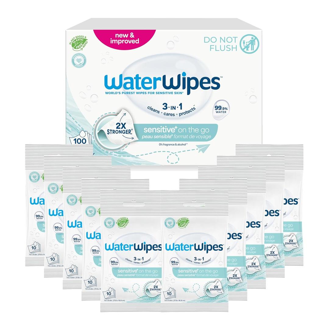 WaterWipes Sensitive+ On The Go Wipes, 3-In-1 Cleans, Cares, Protects, 99.9% Water, Unscented & Hypoallergenic Wet Wipes, 100 Count (10 Packs)