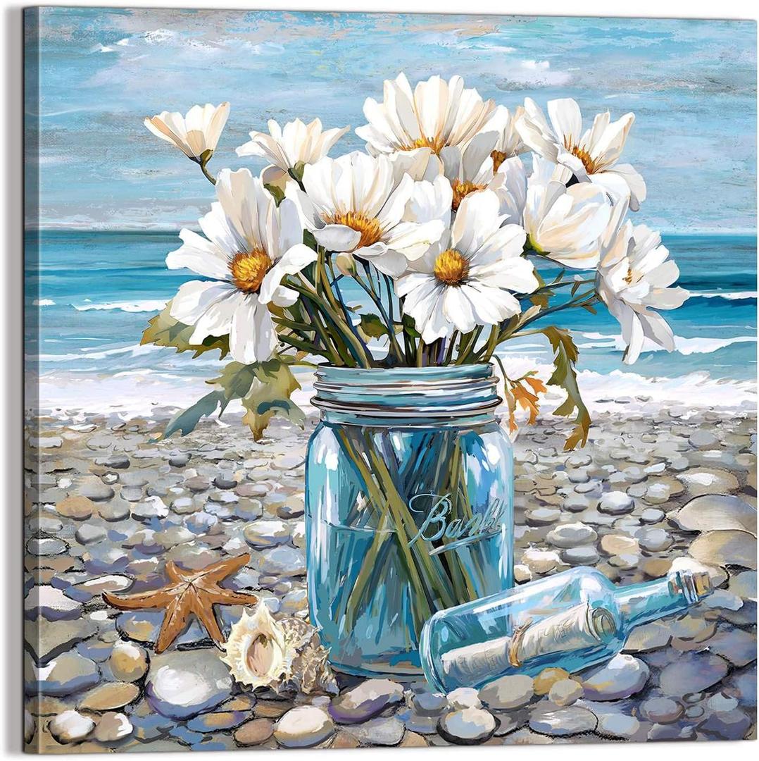 Bathroom Decor Beach Wall Art Ocean Theme Blue Picture Canvas Print Modern Coastal Artwork Framed Hanging Dining Office Living Room 20"L x 20"W