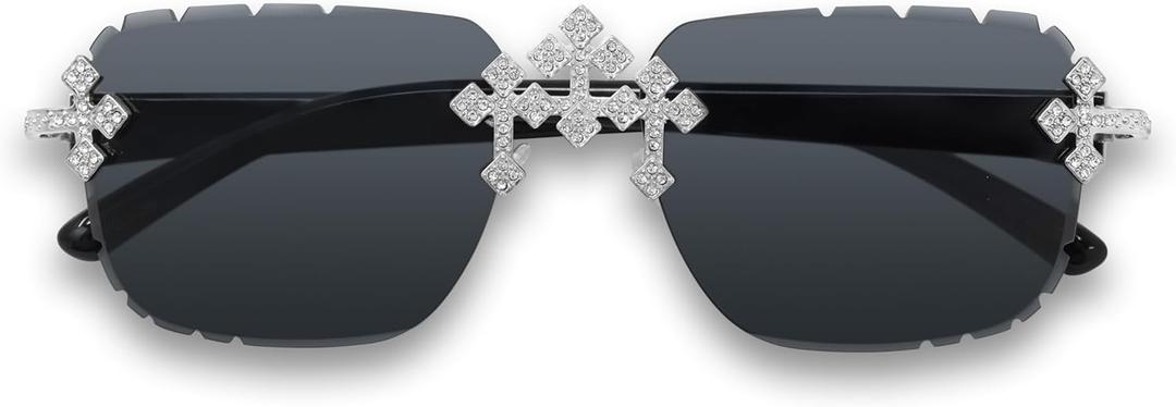 Iced-Out Triple Cross Sunglasses  Frameless Diamond-Cut Luxury Shades for Men & Women | UV400 Hip-Hop Eyewear (Gun Black Silver)