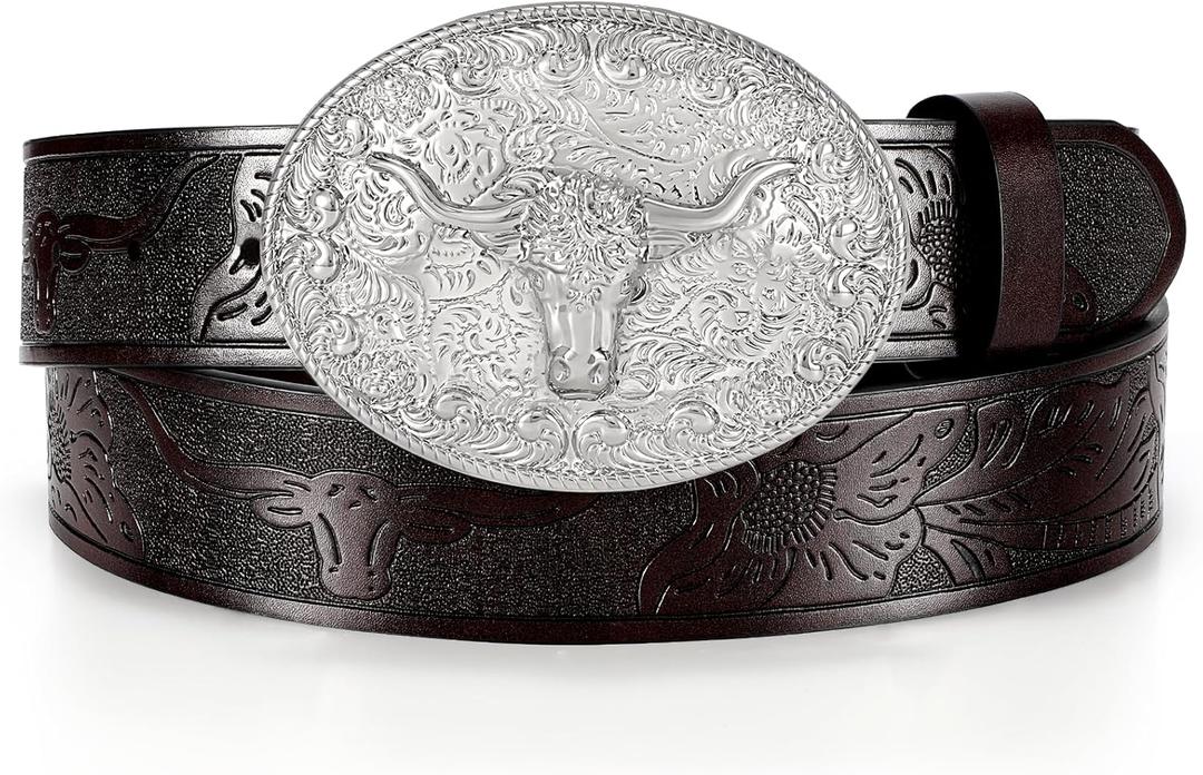 Western Cowboy Belt for Men Women Cowgirl Leather Belt for Jeans Bull Buckle Belt Floral-Engraved Mexican Belts (Black)