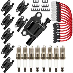 8PCS UF413 Square Ignition Coils Pack & Double Iridium Spark Plugs & Spark Plug Wires for Chevy Silverado Express 1500 2500 3500 GMC Sierra Cadillac CTS Escalade 4.3L 4.8L 5.3L 6.0L D510C