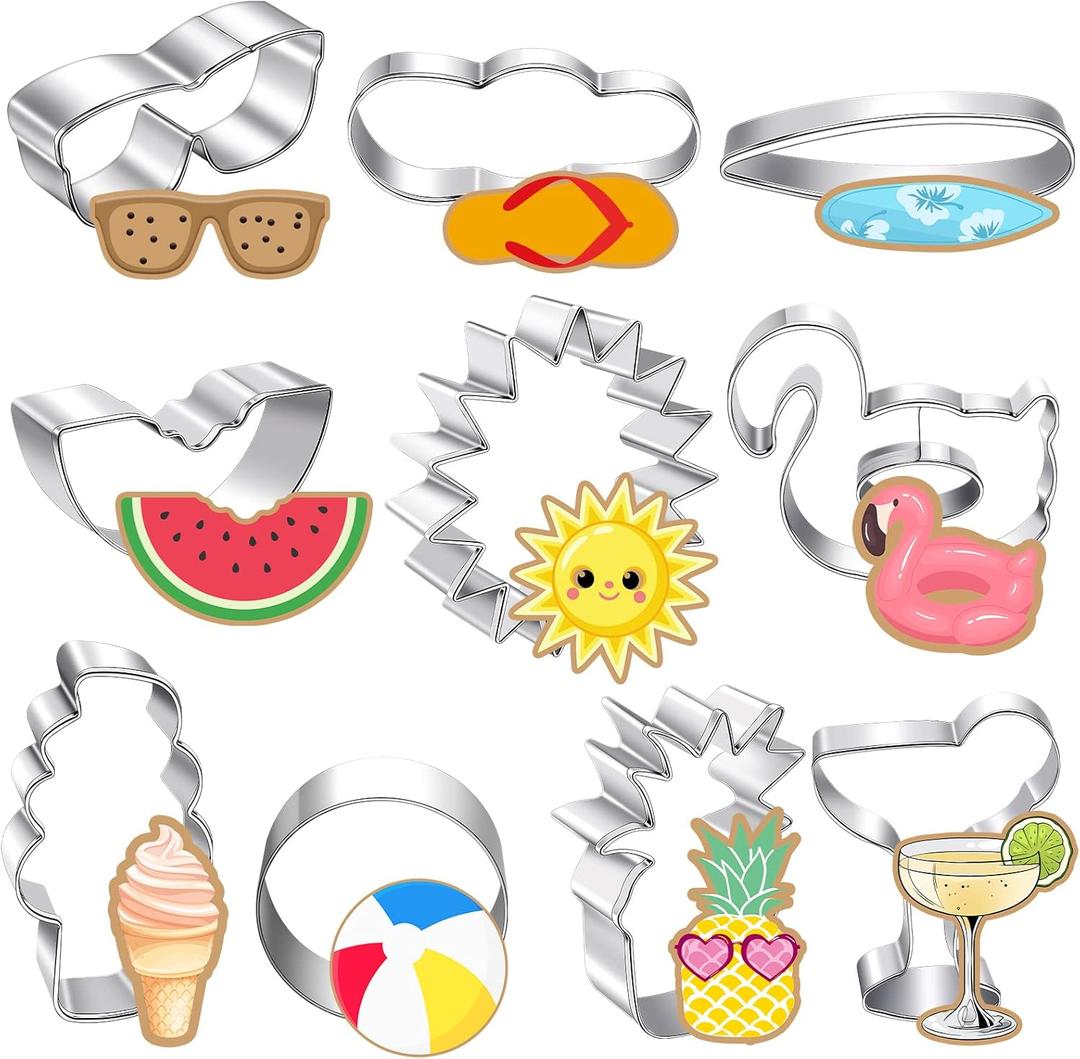 10 Pieces Summer Pool Cookie Cutters Pineapple, Ice Cream, Flamingo, Flip Flop Sunglasses, Watermelon Cookie Cutters Molds for Summer Tropical Beach Pool Party Supplies Decorations