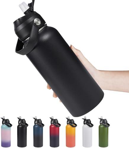 32oz Insulated Stainless Steel Water Bottle, Wide Mouth Double Wall Vacuum, Silicone Straw, Sweat & Leak Proof, BPA Free Insulated Water Flask for Travel, Keep Cold 24h Hot 12h, Black
