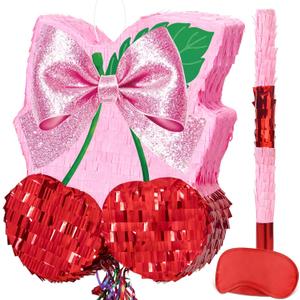 WERNNSAI Cherry Piata - Pink Bow Party Decorations Cherry Bow piata with Blindfold and Stick for Girls Coquette Birthday Decorations Princess Bridal Shower Bachelorette Wedding Supplies