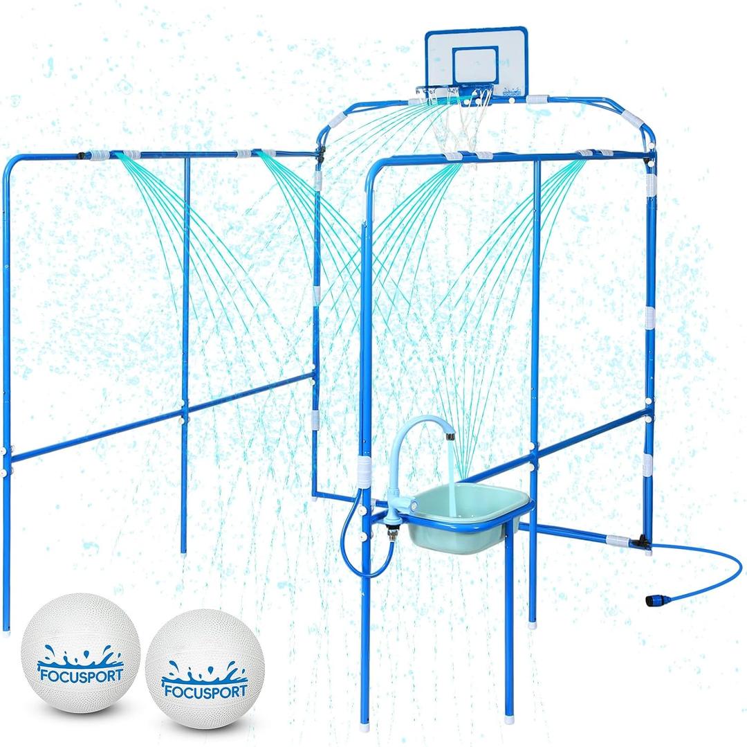 Backyard Water Park & Basketball Game Set, Heavy-Duty Steel Water Park Sprinkler Toy Game with 2 Basketballs, Water Basin & Faucet, Outdoor Summer Water Fun Play Toys for Kids & Family