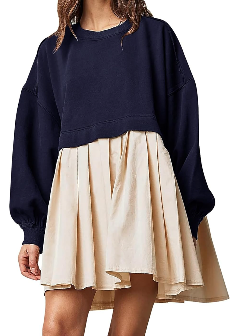 Dokuritu Sweatshirt Dress Women Crew Neck Long Sleeve Patchwork Pullover Tops Flowy Oversized Sweatshirt Mini Dress, XS