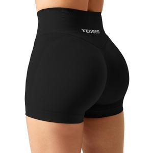 YEOREO Scrunch Butt Workout Shorts Women 3.5" Seamless V Cross Waist Sport Gym Amplify Shorts (Small, Black)