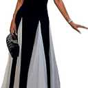 Womens Elegant Sleeveless Color Block Pleated Maxi Dress Patchwork Swing Formal Party Prom Flowy Long Dress (Large)