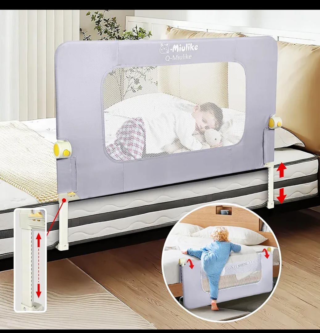 Q-MIULIKE Baby Bed Rail for Toddlers Crib Guard Rail Smooth Flip-Down Safety Rail Guards for 14 Height Adjustable, Toddlers Bed Rails for Full King Queen Bed 1 Piece