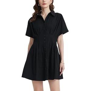 YEXPINE Women's Button Down Pleated Shirt Dress Short Sleeve Corset Waist Striped Summer Causal Mini Dresses Black M