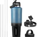 HYDROWION 40 oz Insulated Water Bottle, Car Water Bottle Holder - Double Wall Vacuum Insulated Travel Bottle with Straw Lid, Spout Lid and Flex Cap - Cold for 24H, Hot for 12H, Blue - Black