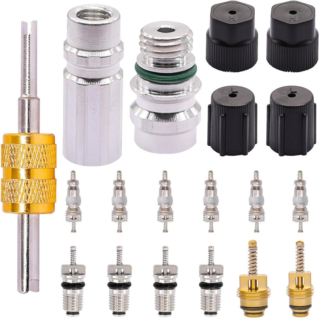 TWTADE 19PCS Air Conditioning Valve Core Kit - Car AC R12 R134a Teflon Seal Refrigeration Schrader Valve Stem Cores with Remover Tool, Service Valve & HVAC System Charging Port Seal Caps Kit