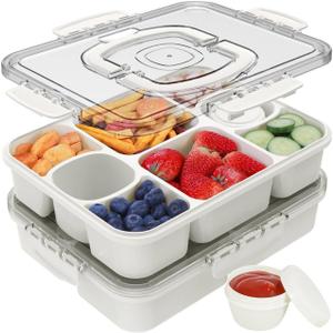 Caperci 2PC Snackle Box Container With 2 Sauce Cup & Handle 8 Compartment, 12.2 inches L x 9.45 inches W x 2.36 inches H