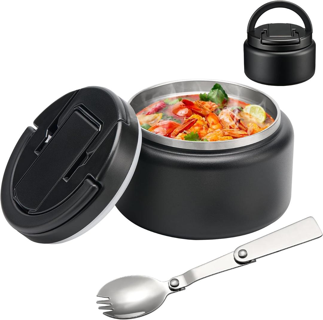 BABHAMNESS 13.5oz Soup Thermo for Hot Food Kids Insulated Vacuum Food Jar with Buckle Lid,Wide Mouth Leakproof Stainless Steel Lunch Container with Spoon-Black