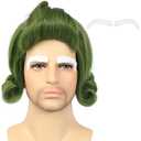 Mens Short Olive Green Cosplay Wig with White Eyebrows for Halloween Costume Party (Adults Olive Green Wig)