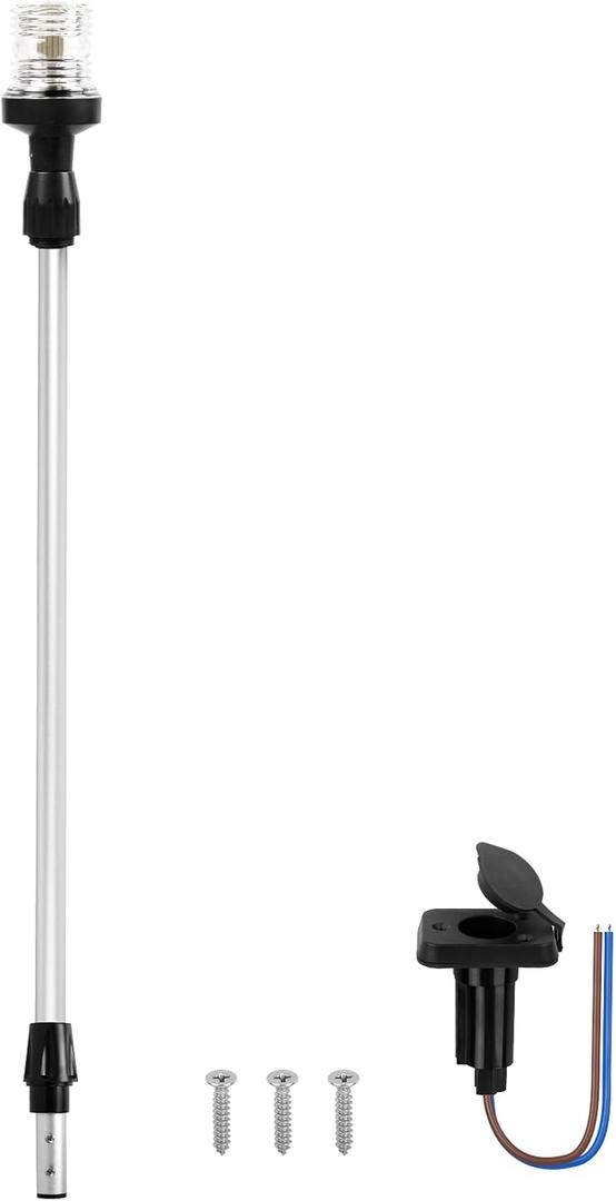 Obcursco Boat Stern Lights, Telescoping Pole 27"-48" LED Anchor Light with Base, 12V Adjustable 3NM 360 Navigation Lighting for Pontoon, Yacht, Bass, and Fishing Boats (27"-48", Silver)