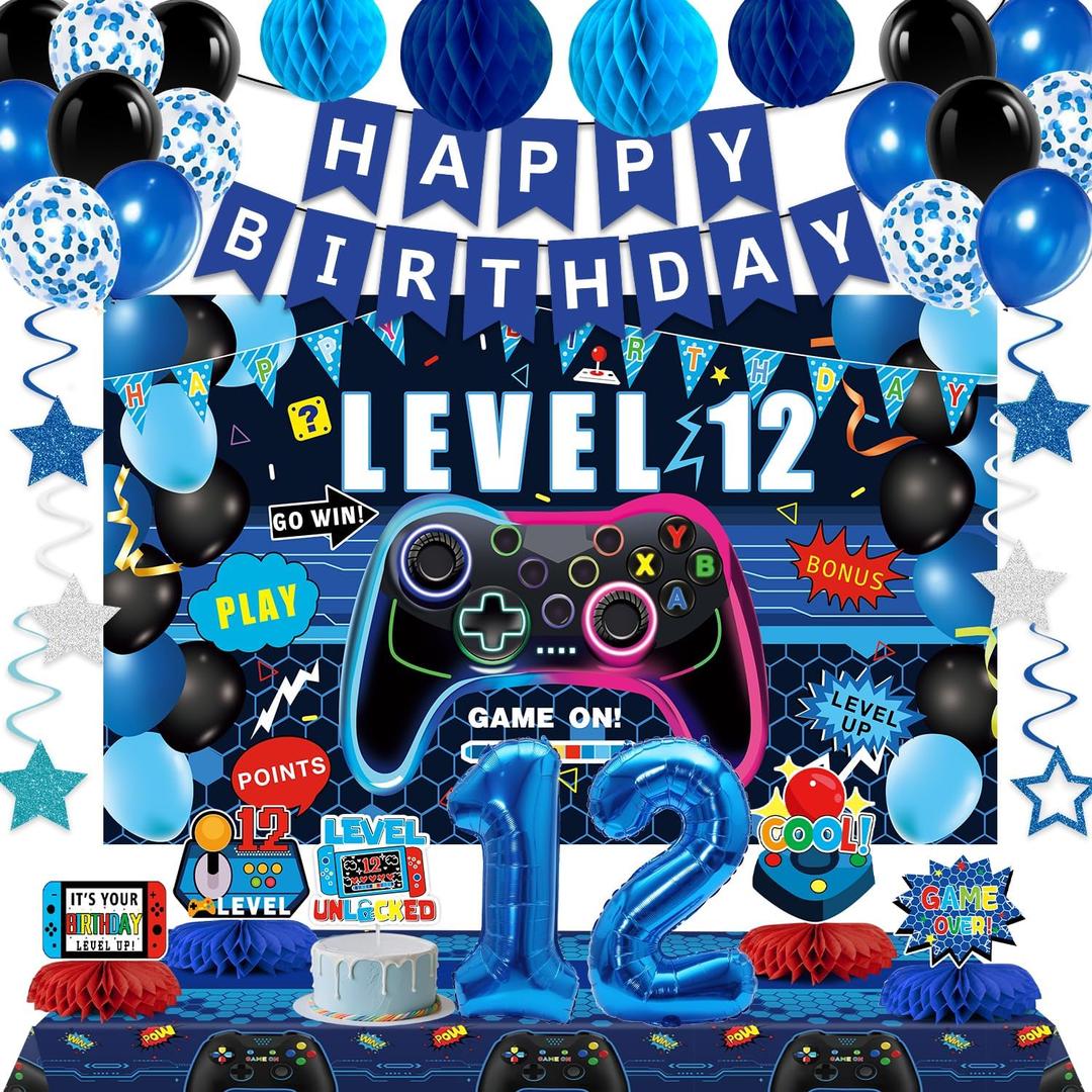 Video Game 12th Birthday Decorations for Boys, Blue Level 12 Party Decor Kits for Boy, 12 Years Old Game Supplies- Backdrop Honeycomb balls Hanging Swirls Centerpieces Balloons Tablecloth Cake topper