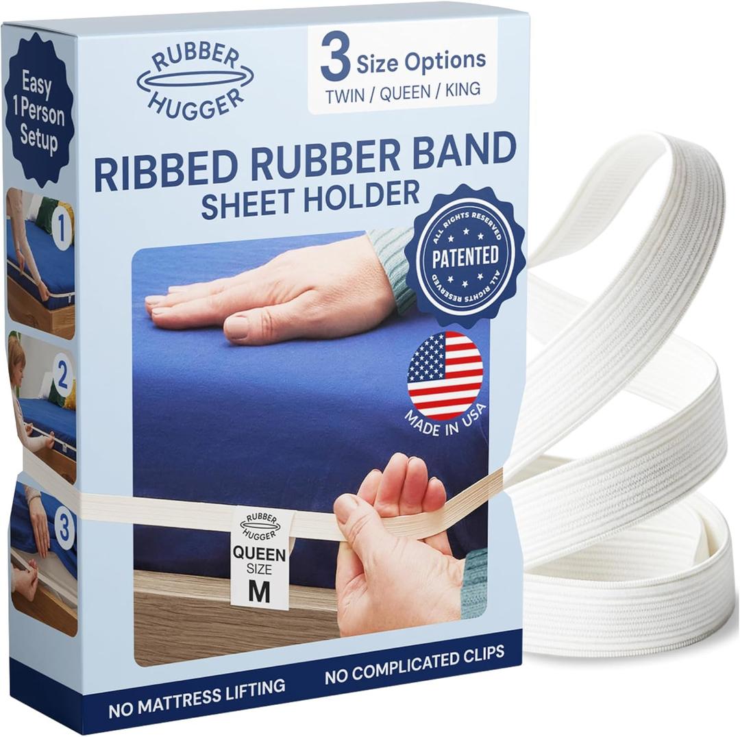 RUBBER HUGGER Medium Size Elastic Bed Sheet Holder - Patented, Ribbed Rubber Band with 1 Bed Sheet Strap for Queen Adjustable Mattresses - Bedroom Accessories - Corner Straps (Medium - Queen Mattress)