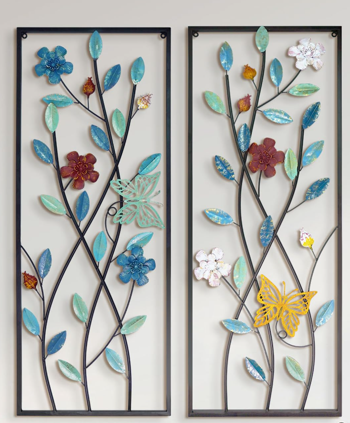 NUANYFXI Set of 2 Metal Leaves Wall Decor, 32"" X 12"" Large Gold Home Decor, Framed Room Decor for Living Room Bedroom Kitchen Dining Room Bathroom (multicolor)