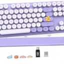 Wireless Keyboard, Round Keycaps, Retro Typewriter Keyboard with Detachable Wrist Rest, Sleep Mode, Foldable Legs, 2.4GHz Full-Size Cordless Computer Keyboard for Windows/PC/Laptop (Colorful-Purple)