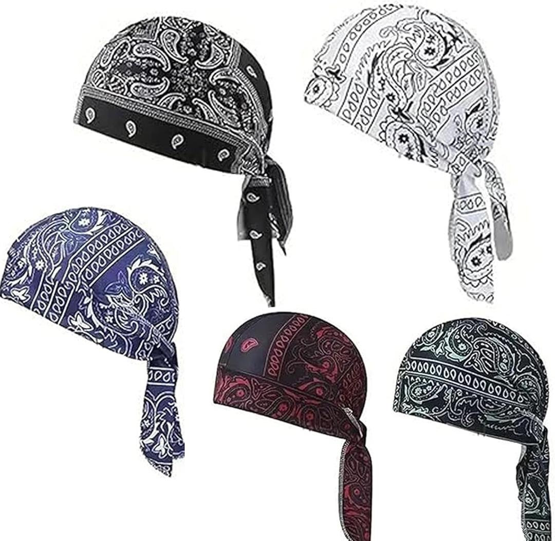 5 Pack Cooling Headscarf Cap Set, Adjustable Strap Bandana Beanie, Breathable Elastic Helmet Liner Head Wrap for Men Motorcycle Outdoor Activities
