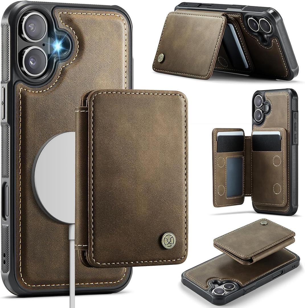 Compatible with Magsafe for iPhone 16 Wallet Case Magnetic Card Holder, RFID Blocking 2 in 1 Detachable Kickstand Shockproof Case for Women Men, Brown