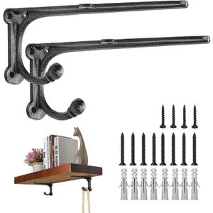 8 Inch Shelf Brackets Heavy Duty 2 Pack, Cast Iron Shelf Brackets with Hooks, Rustic Wall Brackets for Wood Shelves