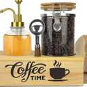 Coffee Storage Container Set with Wooden Base, 40oz Airtight Glass Coffee Bean Jar, 16.9oz Syrup Dispenser, Spoon & Card Holder, Coffee Bar Accessories for Kitchen Counter Organizer