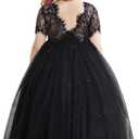 Flower Girl Lace Back V-Neck Dress Full-Length Floral Embroidered Toddler Tutu Tulle Dresses for Girls, 2-3Y