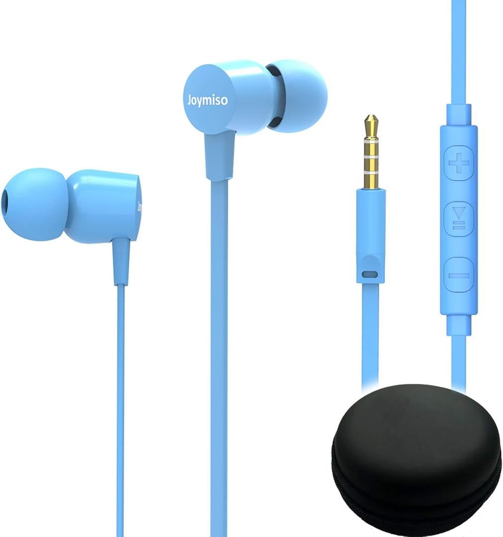 Joymiso Tangle Free Earbuds for Kids Women Small Ears with Case, Comfortable Lightweight in Ear Headphones, Flat Cable Ear Buds Wired Earphones with Mic and Volume Control for Cell Phone Laptop (Blue)