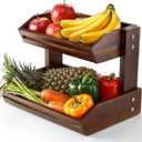 HOLANA Acacia 2 Tier Fruit Basket for Kitchen Counter Organizer  Wooden Fruit Bowl & Wooden Basket for Kitchen Counter Storage, Vegetable Produce Storage & Snack Organizer for Countertop (Walnut)
