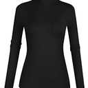 POPZONE Women's Lettuce Trim Mockneck Long Sleeve Slim Fit Ribbed Knit Tee Shirt (Black, Medium)