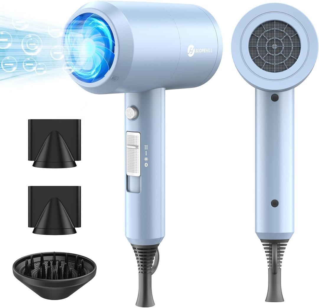 slopehill Professional Ionic Hair Dryer, Powerful 1800W Fast Drying Low Noise Blow Dryer with 2 Concentrator Nozzle 1 Diffuser Attachments for Home Salon Travel (Matte Blue)
