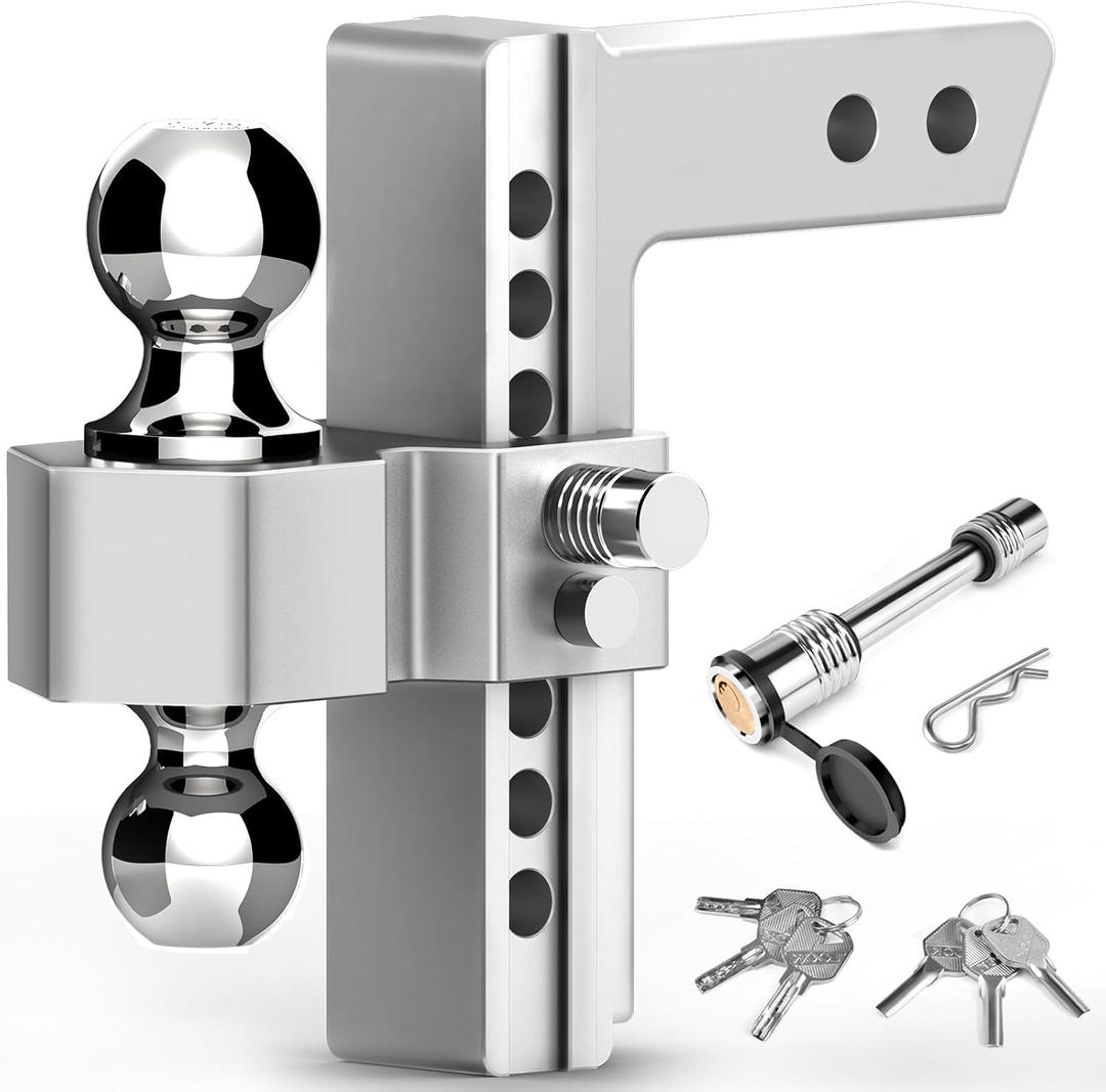 Adjustable Trailer Hitch - 8 Inch Drop Hitch (Fits 2-Inch Receiver), 12,500 LBS GTW Aluminum Tow Hitch, (2" & 2-5/16") Chrome Plated Steel Ball Mount & Anti-Theft Locking Hitch Pins