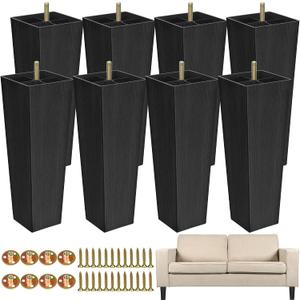 TURSTIN 8 Pack 8 Inch Furniture Legs Plastic Sofa Couch Legs Square Tapered Feet Sofa Legs with M8 T-Nuts Screws for Legs Sofas Chairs Cabinets Dressers Beds, Black