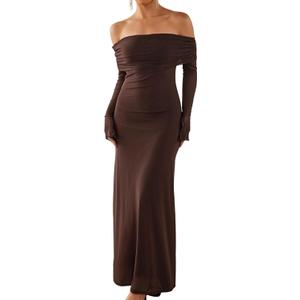 KUTUMAI Women Off Shoulder Bodycon Maxi Dress Long Sleeve Mesh Ruched Party Formal Wedding Guest Dresses Brown XS