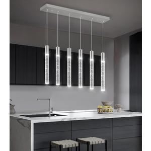 6 Lights Rectangular Crystal Pendant Lights for Kitchen Island LED Dimmable Light Modern Chandeliers Lighting Fixtures for Dining Room Bedroom Hanging Light Brushed Nickel