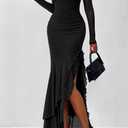 BTFBM Women's Maxi Dresses Spring 2026 Long Sleeve Ruched Bodycon Solid Ruffle Mermaid Cocktail Wedding Guest Dress (Black, L)