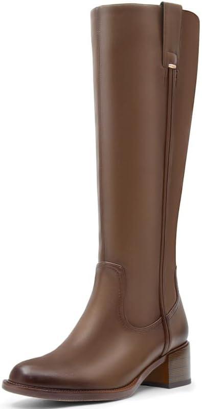 Knee High Boots for Women Chunky Heel Round Toe Leather Patent Boots Low Block Heel Tall Boots With Side Zipper (Size 8, Khaki)