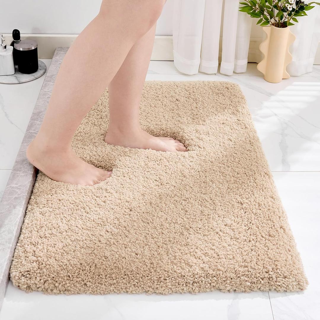 Small Bathroom Rug 17x24 Non Slip Beige Fluffy Bath Mat for Bathroom Floor Washable Plush Luxury Bath Rug for Tub Soft Shaggy Absorbent Shower Mat