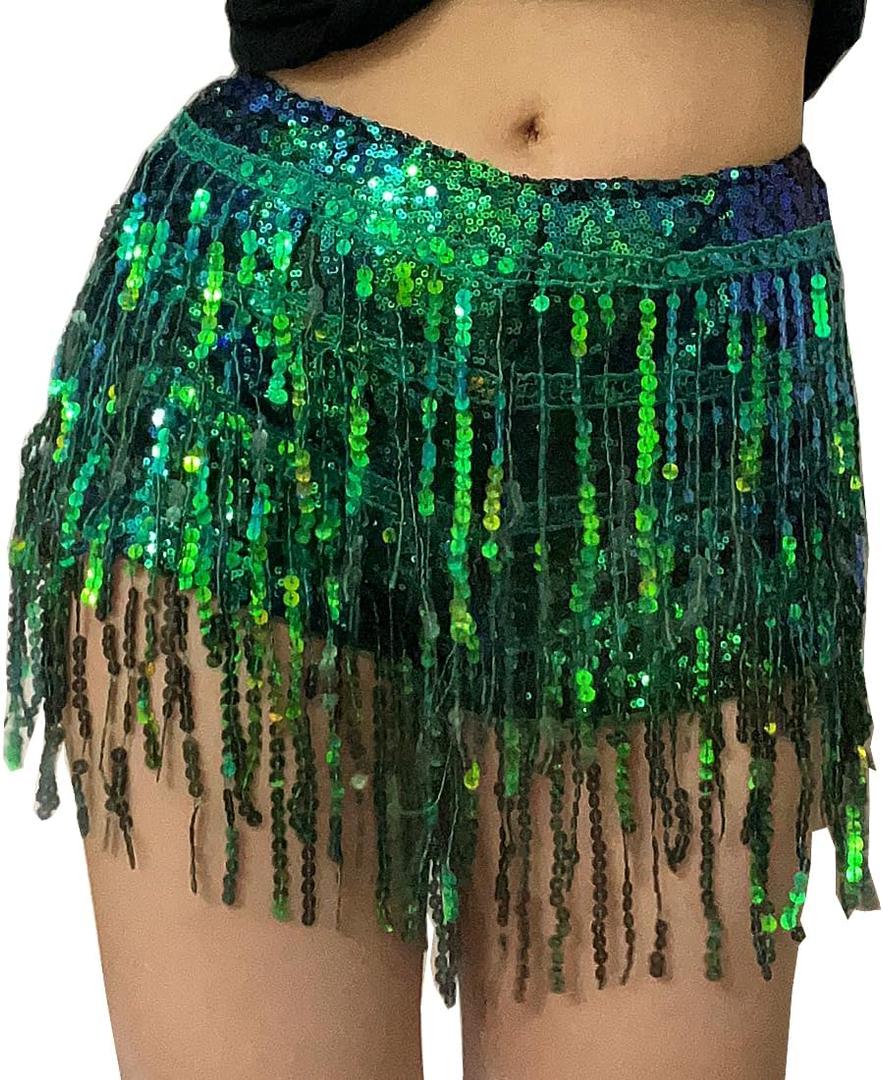 Yollmart Women's Sequins Tassel Skirts Shorts Booty Dance Festival Bottoms (US, Alpha, Large, Regular, Regular, Green)